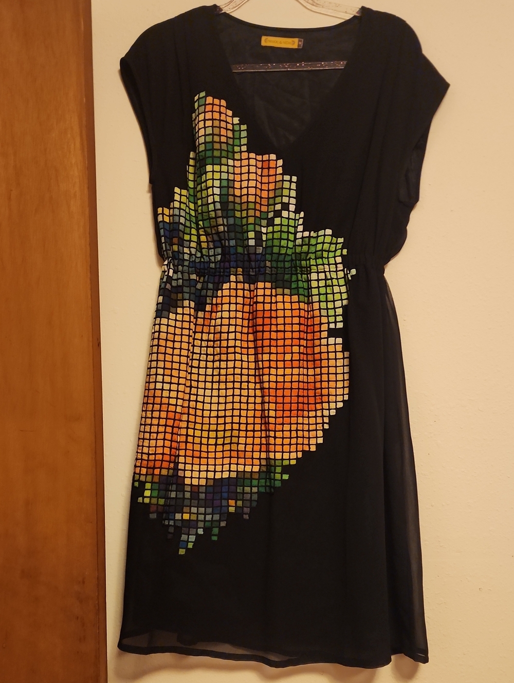 Anthropolgy .Black V-Neck Midi Dress with Orange Floral Pixel Print